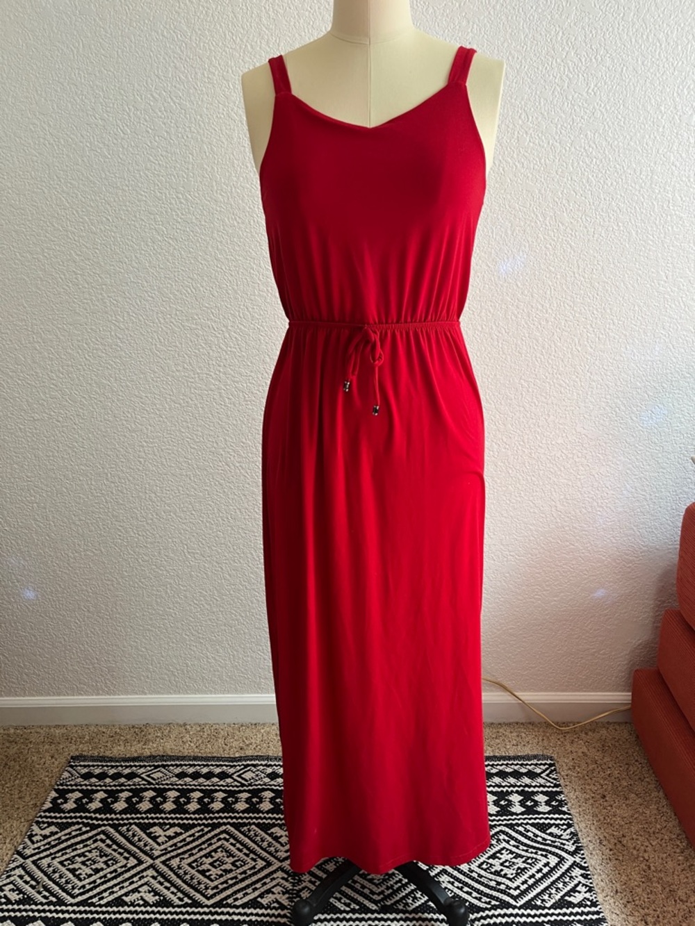 Red Sleeveless Drawstring Maxi Dress - Women